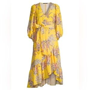 Kobi Halperin Dena Wrap Dress Yellow Floral Linen Midi Ruffle Wedding Guest M
